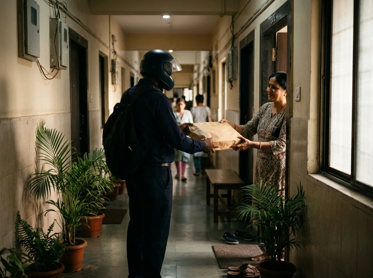 A delivery rider handing a parcel to a customer at their door.