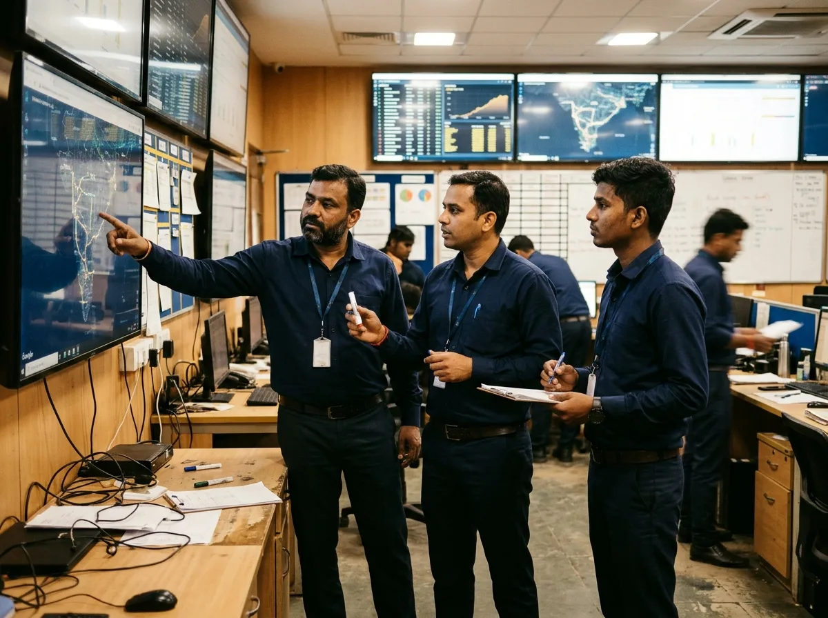 Logistics coordinators reviewing a route on a screen.