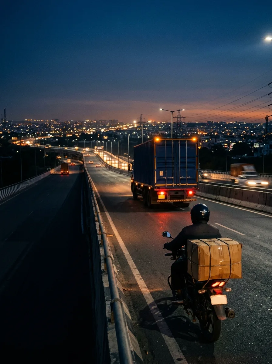 A container truck on an Indian highway at dusk, with a delivery rider holding a parcel in the foreground.