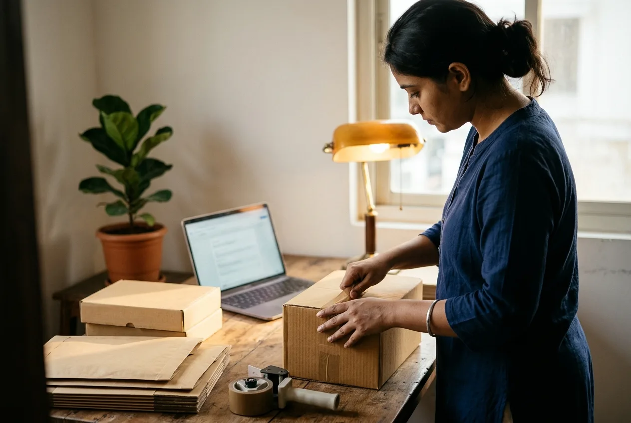 A small business owner packing an online order at a desk.